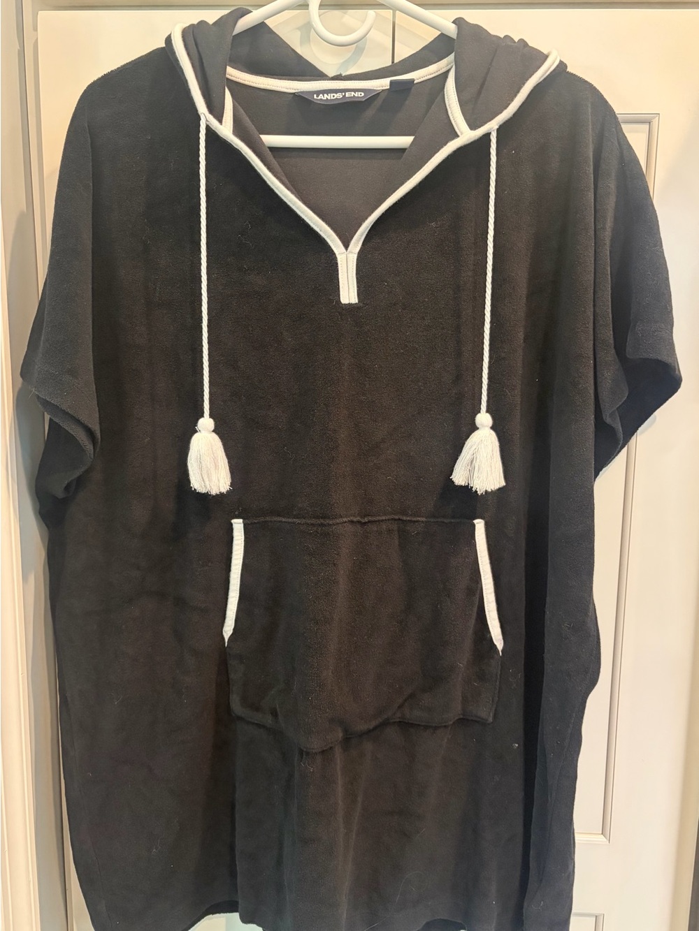 Lands' End Women’s Terry V-Neck Hooded Swim Cover-up Dress w/Pocket & White Trim